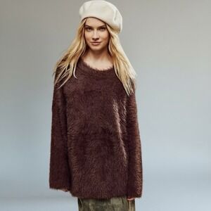 Free People Harrison Bunny Crew Neck Sweater Relax Fit Mocha Brown Size XS